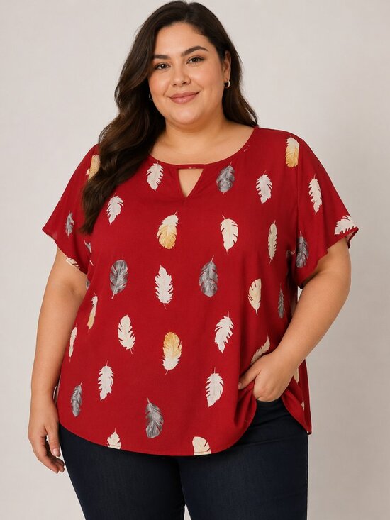 SHEIN Tops - SHEIN Fit+ Red Feather Print Blouse 4X 24/26 Plus Size Split Neck Short Sleeve